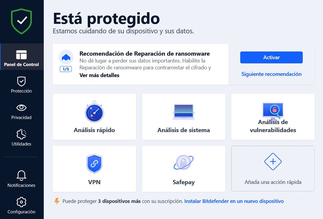 Panel de control de Bitdefender en español