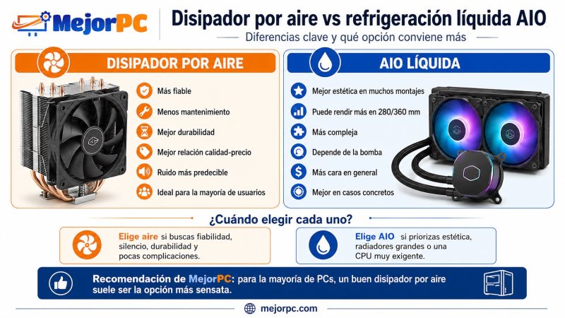 Infografía comparativa entre disipador por aire y refrigeración líquida AIO para PC