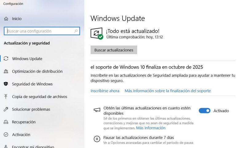 Inscribirse Ahora a actualizaciones de Windows 10 captura de pantalla