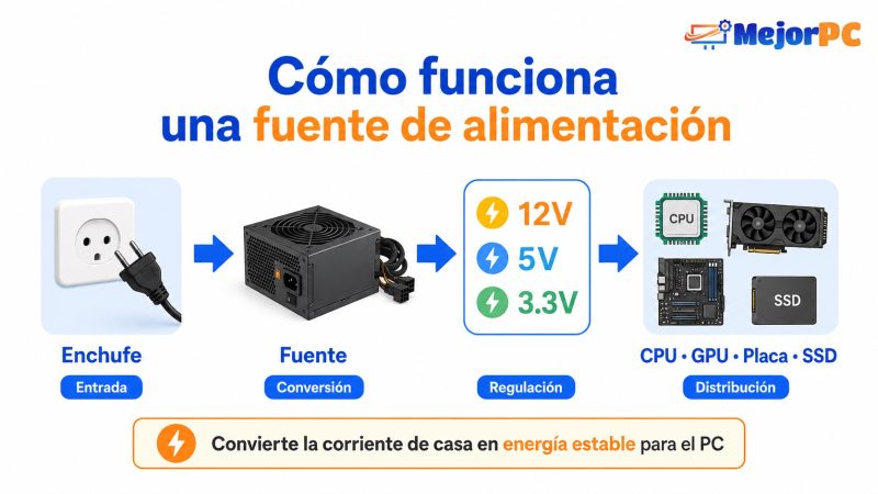 Infografía sobre cómo funciona una fuente de alimentación de PC convirtiendo la corriente de casa en energía para CPU, GPU, placa base y discos