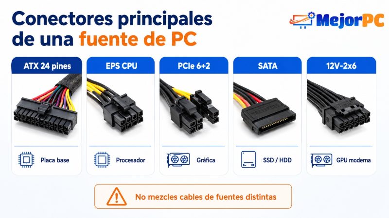 Infografía de los conectores principales de una fuente de alimentación para PC: ATX 24 pines, EPS CPU, PCIe, SATA, Molex y 12V-2x6