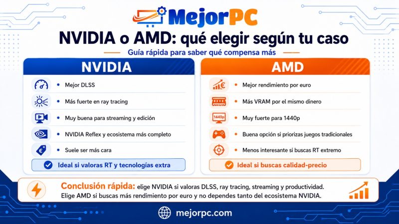 Infografía comparativa NVIDIA vs AMD para elegir tarjeta gráfica según tu caso