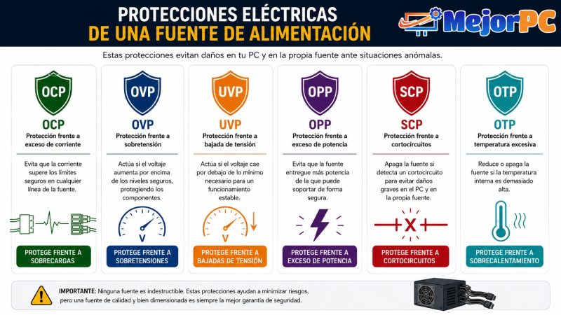 Infografía de las protecciones eléctricas de una fuente de alimentación para PC: OCP, OVP, UVP, OPP, SCP y OTP
