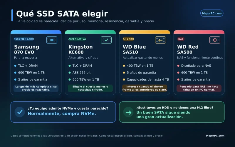 Comparativa para elegir el mejor SSD SATA: Samsung 870 EVO, Kingston KC600, WD Blue SA510 y WD Red SA500