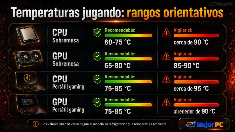 Infografía con temperaturas normales de CPU y GPU jugando en PC y portátil