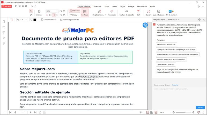 PDFgear para Windows editando un documento PDF de prueba