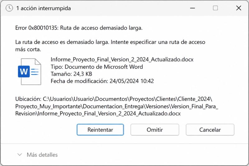 Ventana de Windows con el error 0x80010135 al copiar un archivo por una ruta de acceso demasiado larga