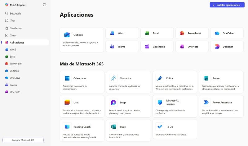 Panel de aplicaciones de Microsoft 365 para la Web con Word, Excel, PowerPoint y OneDrive