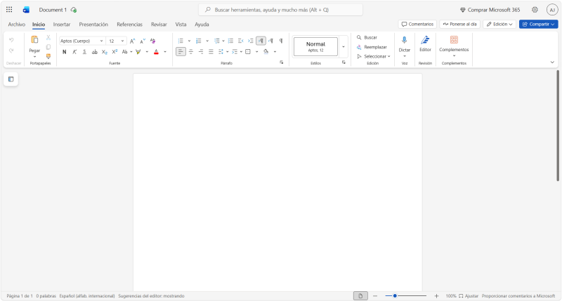 Interfaz de Word para la Web dentro de Microsoft 365