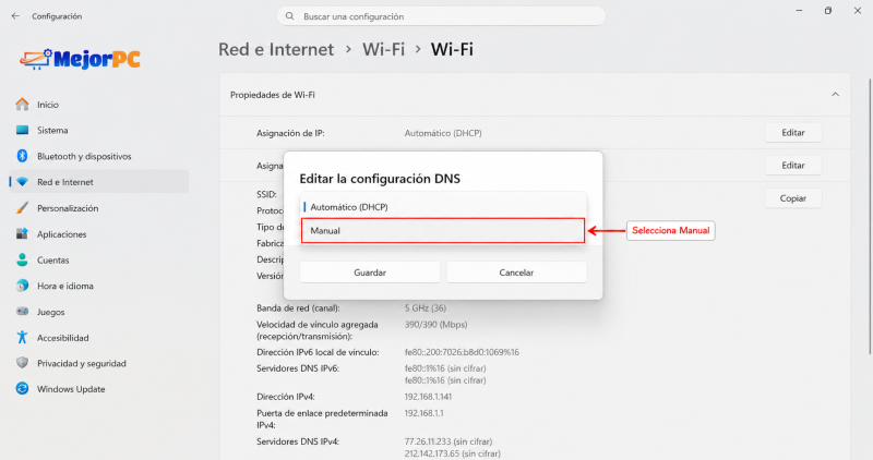 Selección del modo Manual en la configuración DNS de Windows 11