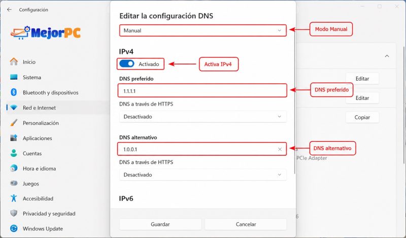 Configuración manual de DNS Cloudflare en Windows 11 con IPv4 activado