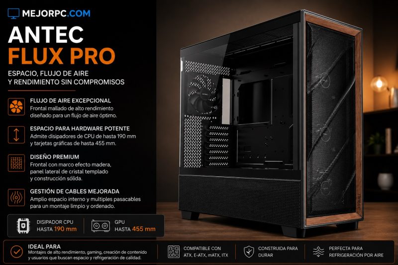 Antec Flux Pro, caja PC grande con frontal mallado, varios ventiladores incluidos y espacio para disipadores grandes