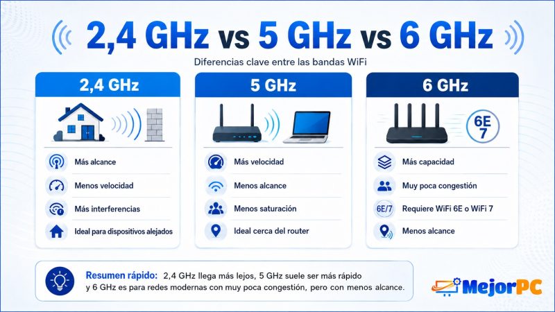 Comparativa visual de las bandas de 2,4 GHz, 5 GHz y 6 GHz