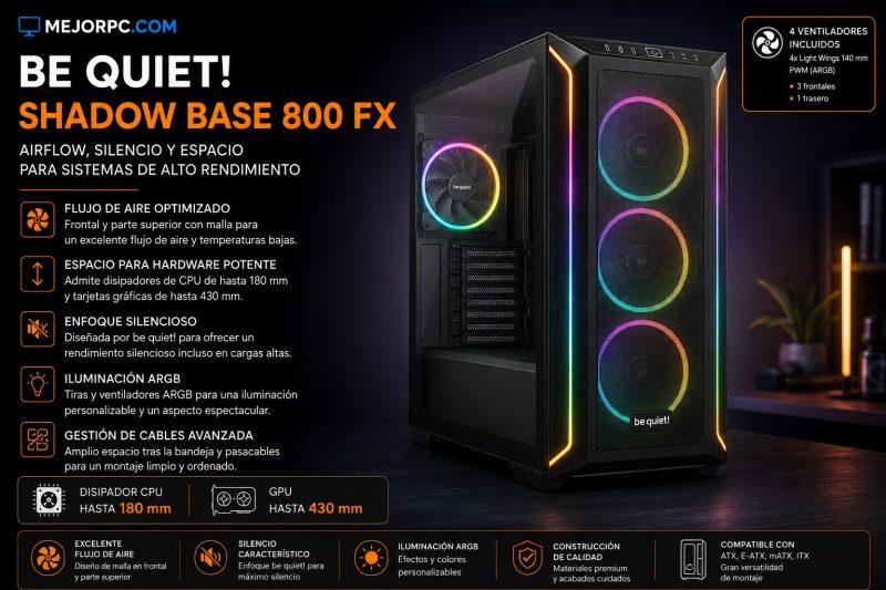 be quiet! Shadow Base 800 FX, caja PC con 4 ventiladores de 140 mm, ARGB y buen airflow