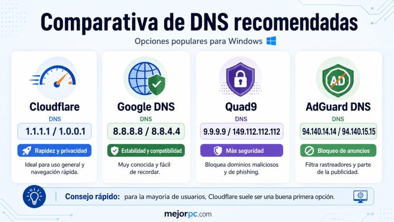 Comparativa de DNS públicas para Windows con Cloudflare, Google DNS, Quad9 y AdGuard