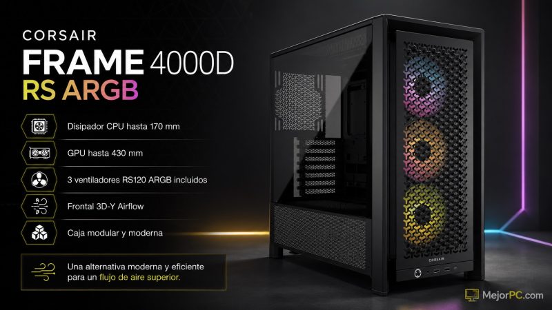 Corsair FRAME 4000D RS ARGB, caja PC modular con frontal 3D-Y Airflow, 3 ventiladores ARGB y espacio para GPU de hasta 430 mm
