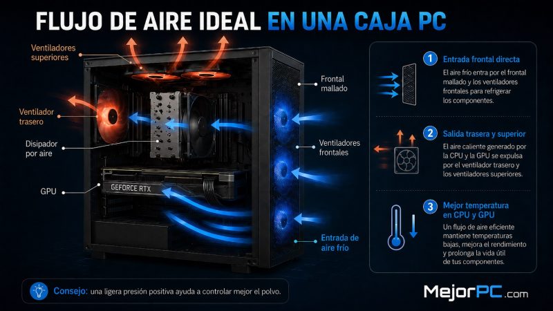 Flujo de aire ideal en una caja de PC con frontal mallado, disipador por aire y ventiladores frontales