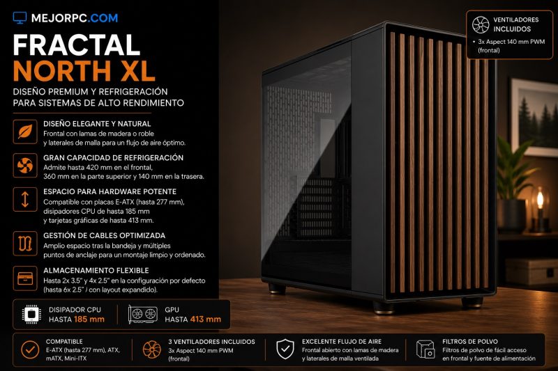 Fractal North XL, caja PC con frontal de madera, 3 ventiladores de 140 mm y espacio para disipadores grandes