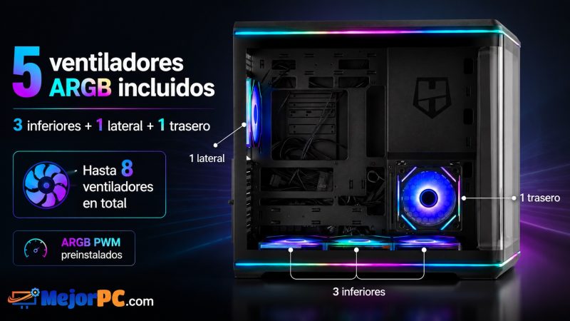 Interior de la NOX Hummer ANVIL con 5 ventiladores ARGB incluidos