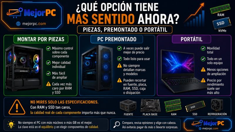 Comparativa entre montar un PC por piezas, comprar un premontado o elegir un portátil