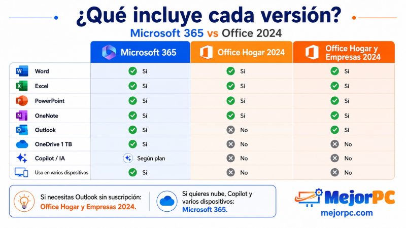Qué incluye cada versión de Microsoft 365, Office Hogar 2024 y Office Hogar y Empresas 2024