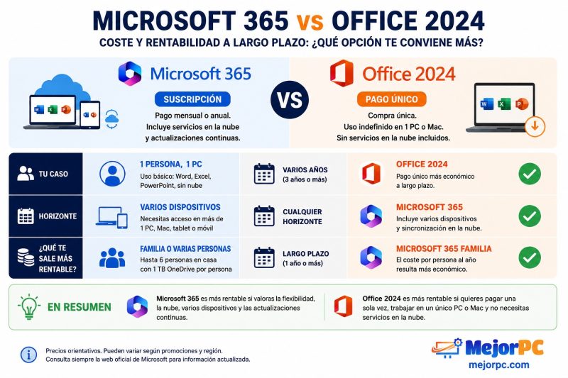 Rentabilidad de Microsoft 365 frente a Office 2024 según el uso y el número de dispositivos