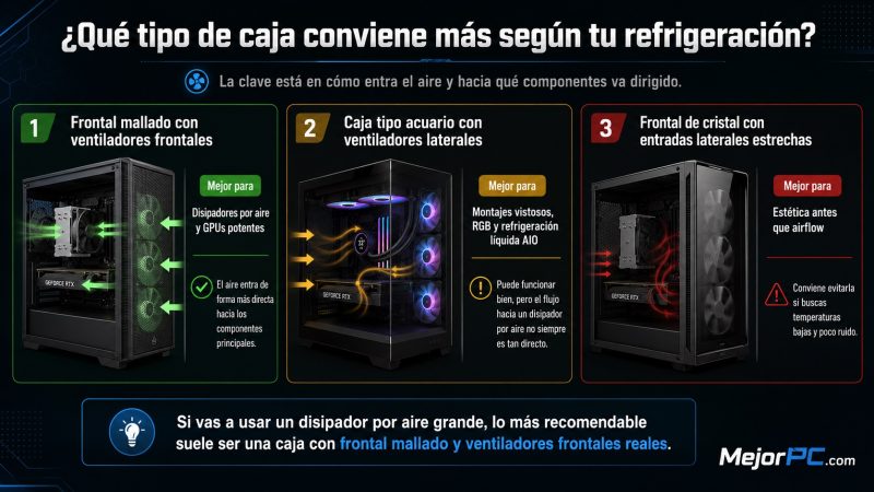 Comparativa de tipos de cajas PC según la refrigeración: frontal mallado, caja tipo acuario y frontal de cristal