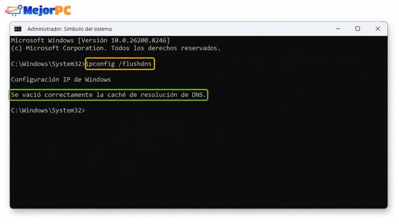 Resultado del comando ipconfig flushdns en Windows 11