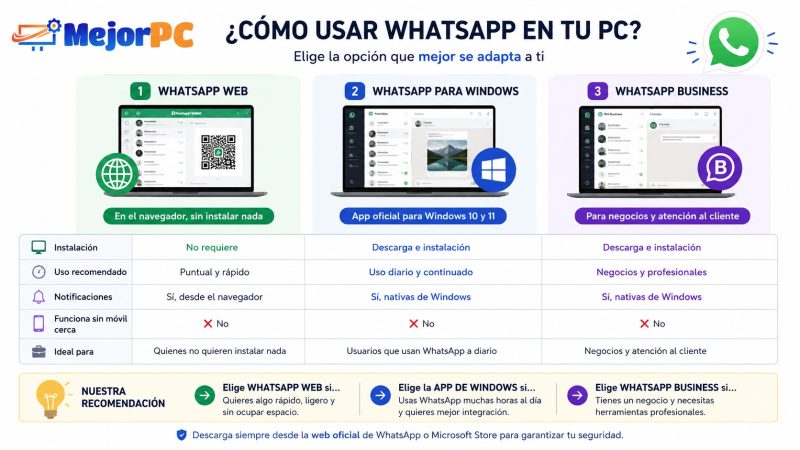 Comparativa entre WhatsApp Web, WhatsApp para Windows y WhatsApp Business en PC