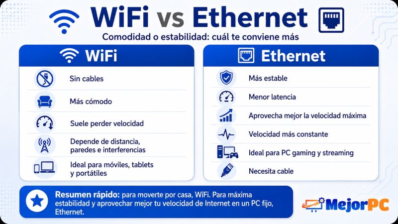 Comparativa entre conexión inalámbrica y cable Ethernet para velocidad y estabilidad