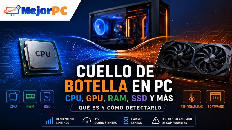 Cuello de botella en un PC explicado con CPU, GPU, RAM, SSD, temperaturas y software