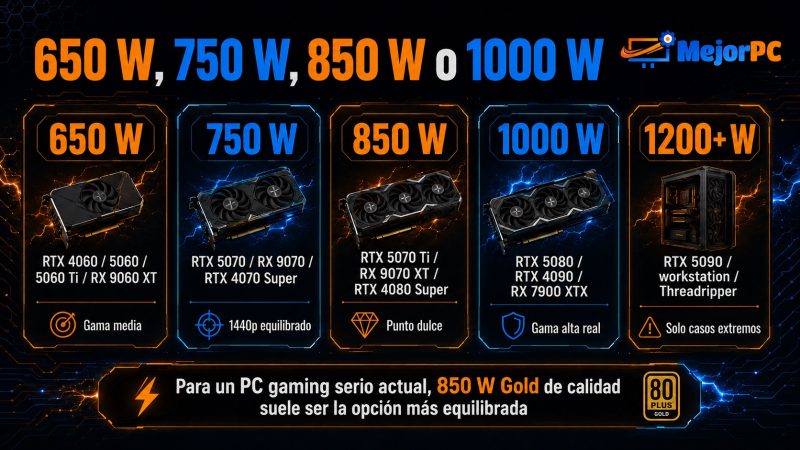 Comparativa visual de fuentes de 650 W, 750 W, 850 W, 1000 W y 1200 W según gráfica y tipo de PC