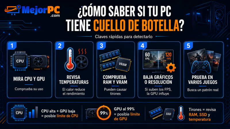 Guía para detectar cuello de botella en un PC revisando CPU, GPU, RAM, VRAM, temperaturas y FPS