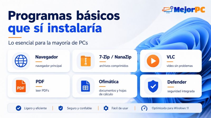 Programas básicos recomendados para Windows 11 como navegador, 7-Zip, VLC, PDF, ofimática y seguridad
