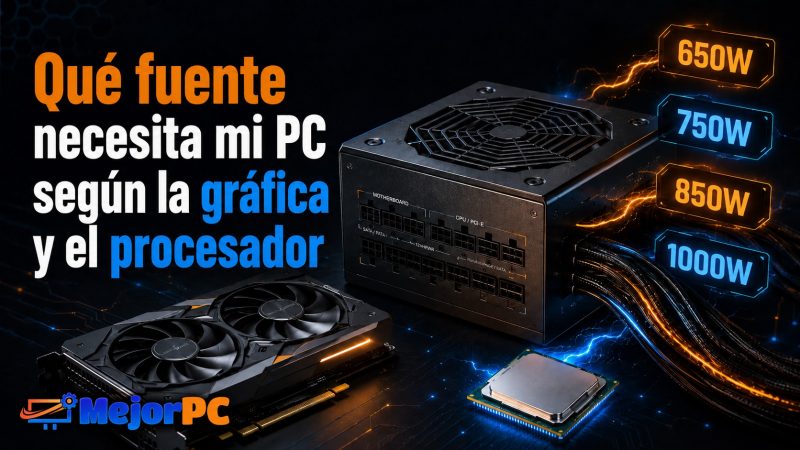 Fuente de alimentación para PC junto a una tarjeta gráfica y un procesador con rangos de 650 W, 750 W, 850 W y 1000 W