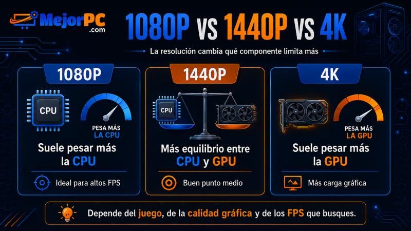 Comparativa de cuello de botella en 1080p, 1440p y 4K según CPU y GPU