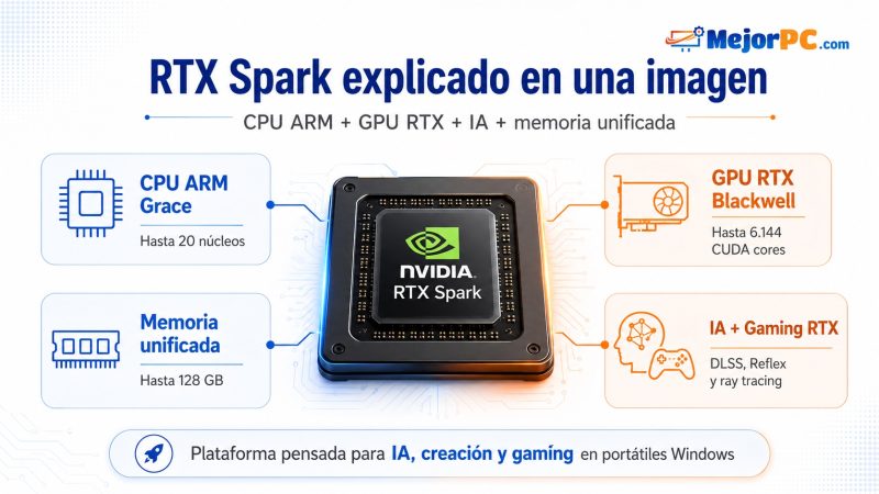 Infografía de NVIDIA RTX Spark con CPU ARM, GPU RTX, IA y memoria unificada