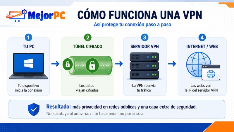 Infografía que explica cómo funciona una VPN paso a paso entre un PC, un túnel cifrado, un servidor VPN e Internet