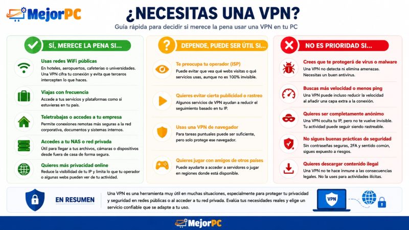 Infografía para decidir si necesitas una VPN en tu PC según tu uso