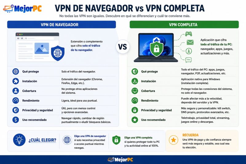 Comparativa entre una VPN de navegador y una VPN completa para Windows